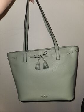Kate Spade New York Mint Green Leather Tote Bag with Tassel